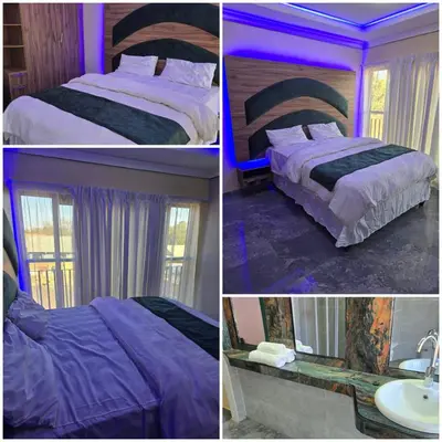 a collage of four pictures of a bedroom with purple lighting at Best Property Projects in Modimolle