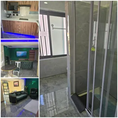two pictures of a living room and a kitchen with a glass wall at Best Property Projects in Modimolle