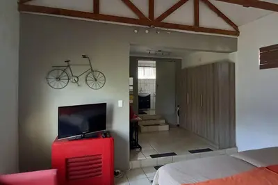 a bedroom with a tv and a bike on the wall at Bergsig Self-Catering Accommodation - Sabie in Sabie