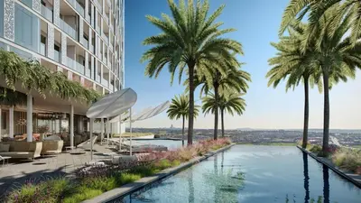 a rendering of a hotel pool with palm trees at Apartment Ellipse Waterfall in Midrand