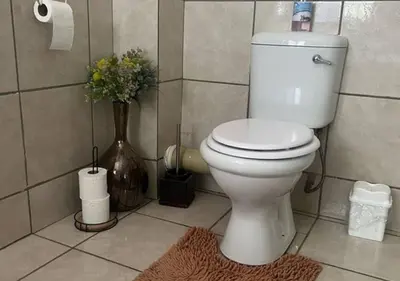 a bathroom with a toilet and a vase with flowers at The Lion Room at Frederick's Place in Pretoria