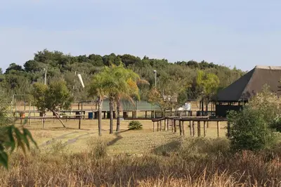 a park with a playground and a building and trees at Kings 93 Cabins in Tierpoort