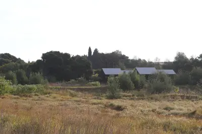 a field with two houses in the distance at Kings 93 Cabins in Tierpoort
