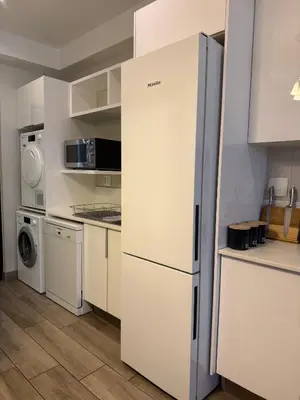 a kitchen with a refrigerator and a washer and dryer at Acoustic Apartment in Pretoria