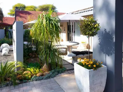 a garden with plants and a table and an umbrella at Relmies Place in Modimolle