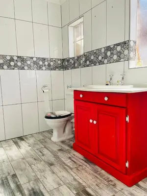 a bathroom with a red cabinet and a toilet at Melodie Guest House in Lone Star Texas