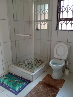 a bathroom with a shower with a toilet and a rug at SammyGrace Holiday Home in Tzaneen