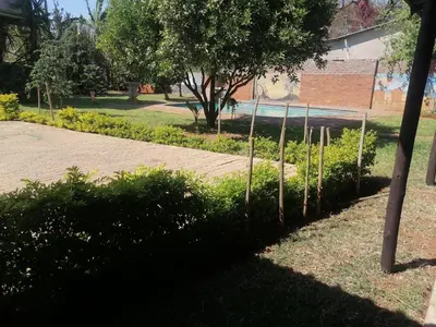 a garden with a row of trees and a sidewalk at Sol & Sombra Guesthouse in Komatipoort