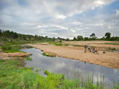 a group of people standing on a beach next to a river at Makumu Private Game Lodge in Klaserie Private Nature Reserve
