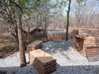 a group of brick retaining walls and a tree at Rhino Cottage in Marloth Park
