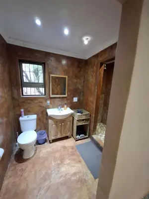 a bathroom with a toilet and a sink at Rhino Cottage in Marloth Park