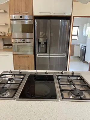 a kitchen with a stove and a stainless steel refrigerator at Villa De Gabe in Monavoni