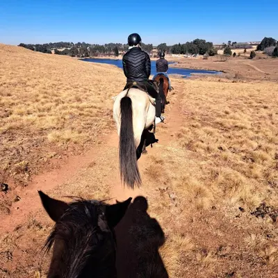 two people riding horses down a dirt road at Villa Tehillah in Dullstroom