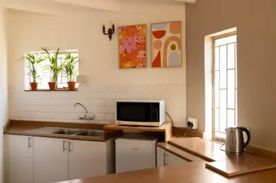a kitchen with a sink and a television on a counter at Camellia Luxury Apartment in Pretoria