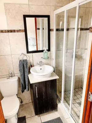 a bathroom with a toilet and a sink and a shower at Luxury Duplex in Pretoria East in Pretoria