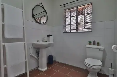 a bathroom with a toilet and a sink and a mirror at Crowley Cottage in White River