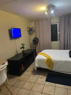 a bedroom with a bed and a desk with a tv at Mbizo Cozy Retreat 307 in Pretoria