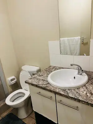 a bathroom with a white toilet and a sink at Mbizo Cozy Retreat 307 in Pretoria