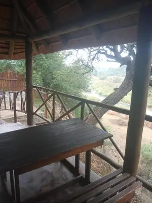 a wooden bench sitting on a porch with a tree at Mbaula lodge in Letaba Wildlife Reserve