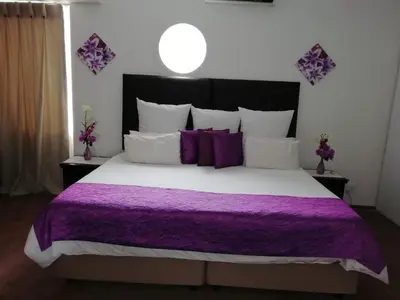 a bedroom with a large bed with purple blankets and pillows at Sentinel Condo in Pretoria