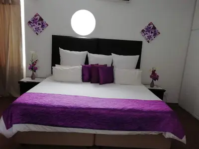 a bedroom with a large bed with purple sheets and pillows at Sentinel Condo in Pretoria