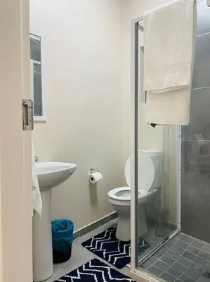 a bathroom with a toilet and a sink at Waterfall Ridge Premium Apartments in Midrand