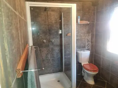 a bathroom with a shower with a toilet and a tub at Wooden Log House in Bela-Bela