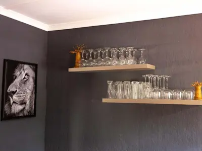 a wall with shelves with glasses and a picture of a lion at Amy's Camp at the Kevin Richardson Foundation in Dinokeng Game Reserve