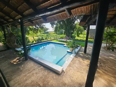 an overhead view of a swimming pool on a patio at Lemón Villa in Bela-Bela