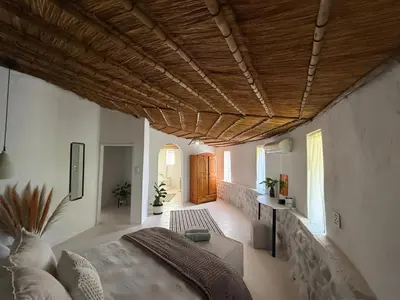 a bedroom with a large bed and a wooden ceiling at Lemón Villa in Bela-Bela