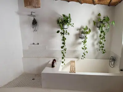 a bathroom with a white tub with plants on the wall at Lemón Villa in Bela-Bela