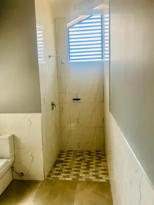 a bathroom with a shower and a toilet and a window at 114 Zinnia in Midrand