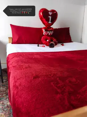 a red teddy bear sitting on top of a bed at Sunset Hideaway in Pretoria