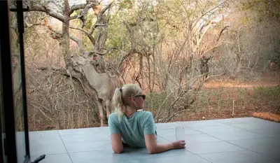 a girl sitting on the floor looking at a giraffe at Chikunda Hayes in Marloth Park