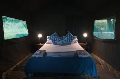 a bedroom with a bed in a tent with two windows at Maninghi Lodge in Balule Game Reserve