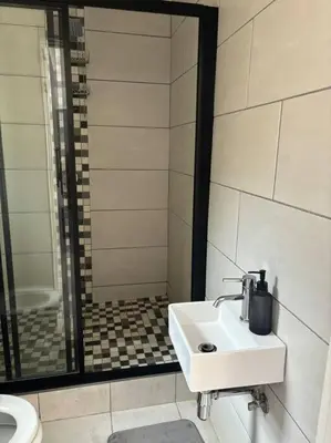 a bathroom with a sink and a toilet and a mirror at Serene Oasis in Tierpoort