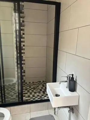 a bathroom with a sink and a toilet and a mirror at Serene Oasis in Tierpoort