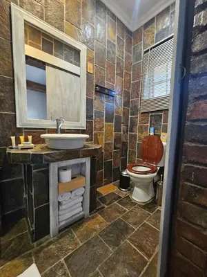 a bathroom with a toilet and a sink and a mirror at 61 On Ireland Guest House and Conferencing in Polokwane