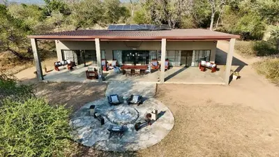 an aerial view of a house with a patio at Mananga Bush Villa in Skukuza