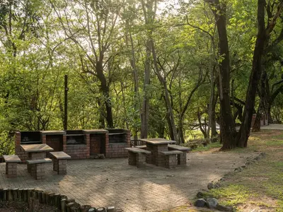 a group of picnic tables in a park with trees at Hazyview Cabanas in Hazyview