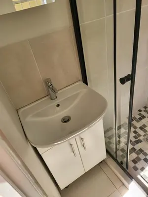 a white sink in a bathroom with a shower at Limewood Vintage in Sandton