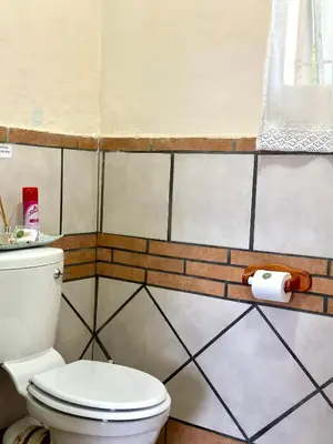 a bathroom with a toilet and a roll of toilet paper at Guesthouse 52 in Groblersdal