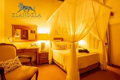a bedroom with a bed and a desk and a chair at Elandela Private Game Reserve and Luxury Lodges Pty Ltd in Hoedspruit
