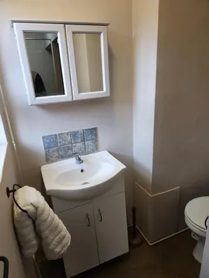 a bathroom with a sink and a mirror and a toilet at Cozy Urban Oasis in Hatfield in Pretoria