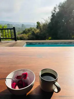 a cup of coffee on a table with a bowl of strawberries at Sycamore Fig House next 2 Hulala Lodge in White River