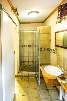 a bathroom with a shower and a sink at Bolivia Lodge in Polokwane