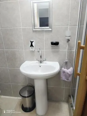 a bathroom with a white sink and a mirror at Home of peace and tranquility in Pretoria