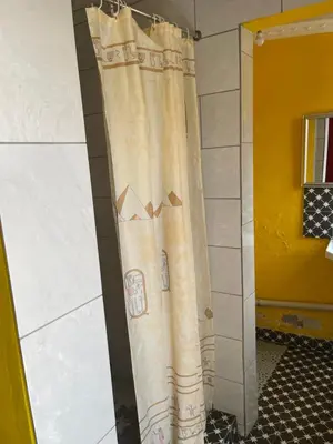 a shower curtain in a room with a yellow door at Good Time Guest House in Springs