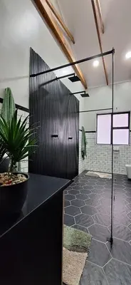 a bathroom with a black counter with a potted plant at Golden Treasure - OFF GRID in Witbank