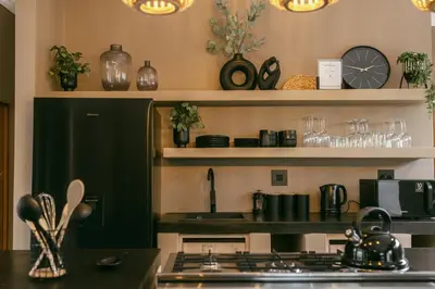 a kitchen with a stove and shelves with glasses at Leopard's Villa, Marloth Park in Marloth Park